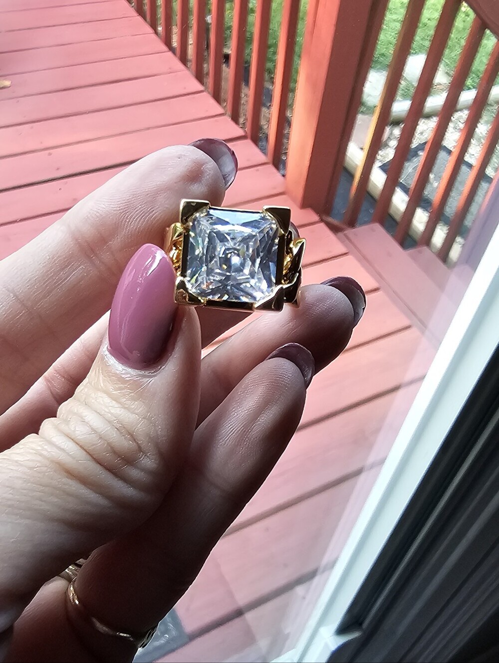 Gold-Plated Statement Ring with Large Asscher-Cut Clear Stone. Costume Jewelry